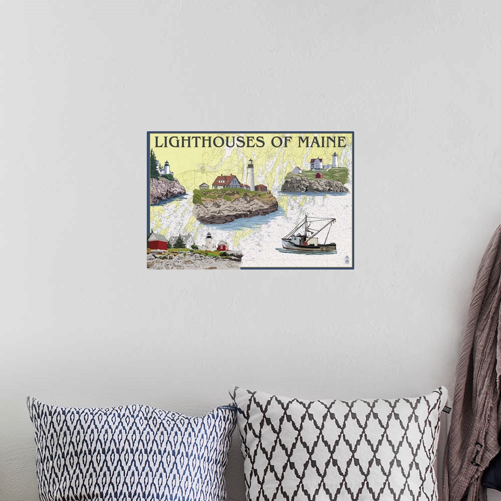 A bohemian room featuring Nautical Chart, Lighthouses of Maine