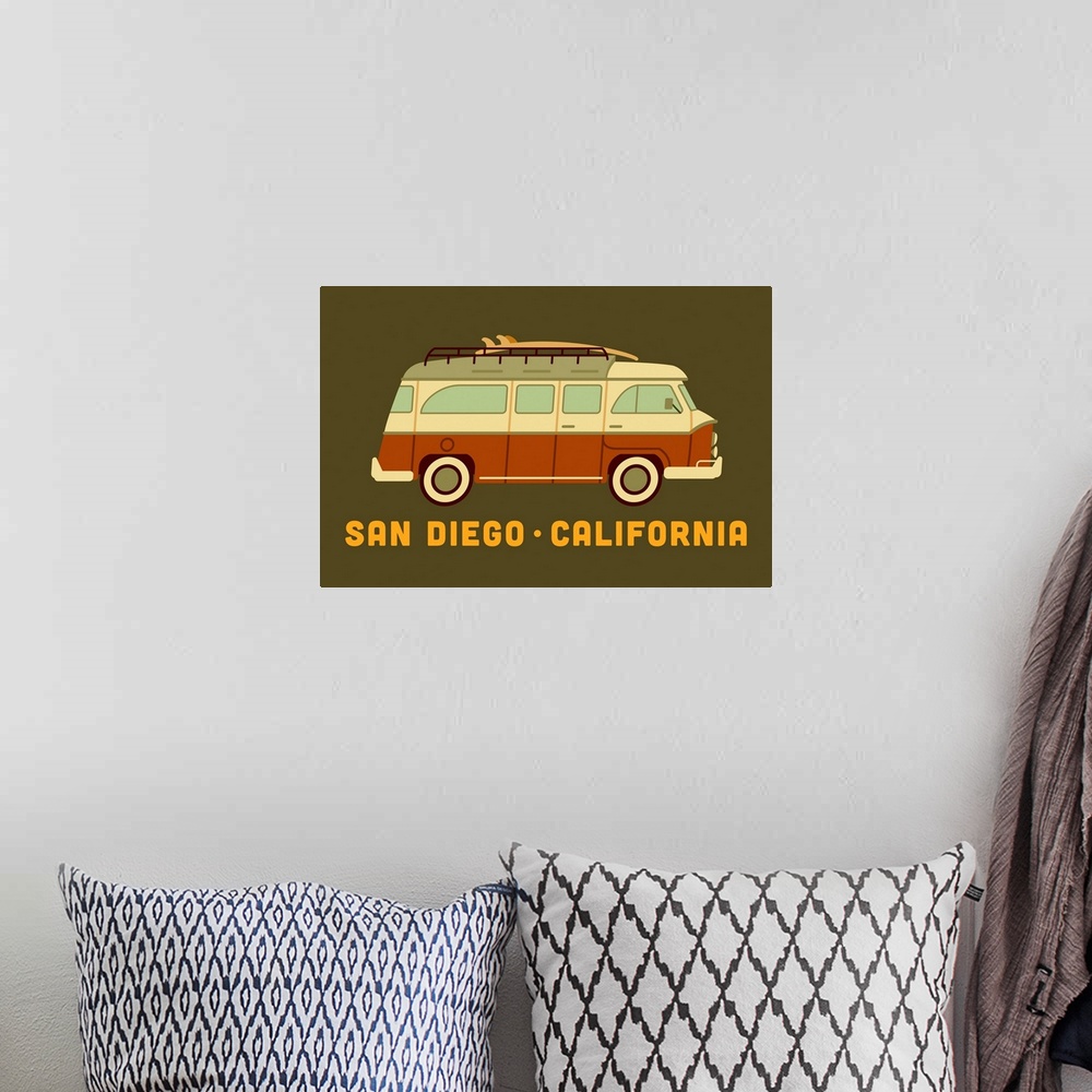 A bohemian room featuring San Diego, California - Camper Van with Surfboard - Geometric