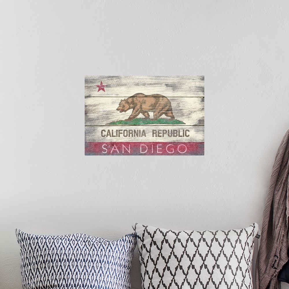 A bohemian room featuring San Diego, California, State Flag, Barnwood Painting