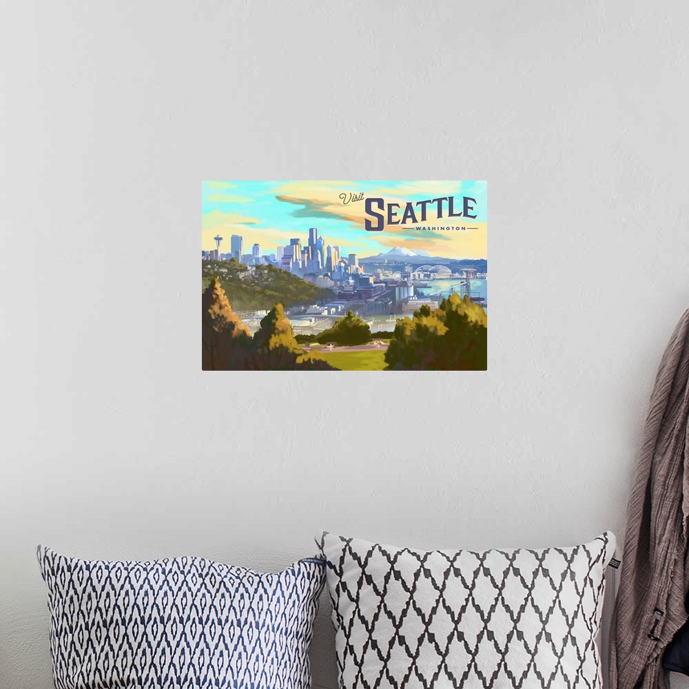 A bohemian room featuring Seattle, Washington - Visit Seattle -  Skyline - Oil Painting