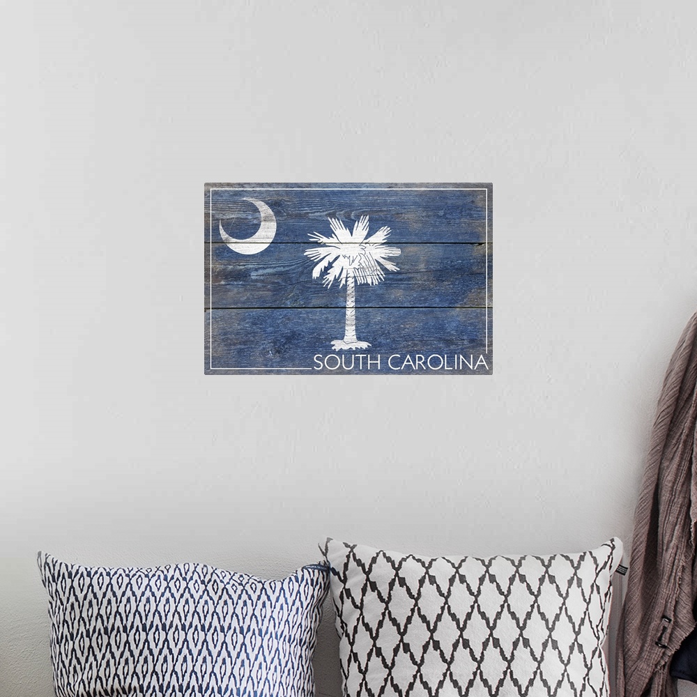 A bohemian room featuring The flag of South Carolina with a weathered wooden board effect.