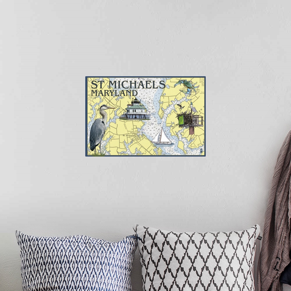 A bohemian room featuring St. Michaels, Maryland - Nautical Chart: Retro Travel Poster