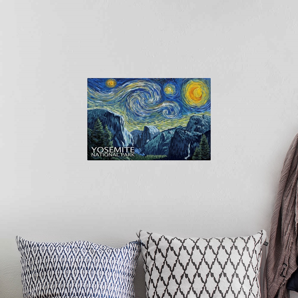 A bohemian room featuring Starry Night Over Yosemite National Park: Retro Travel Poster