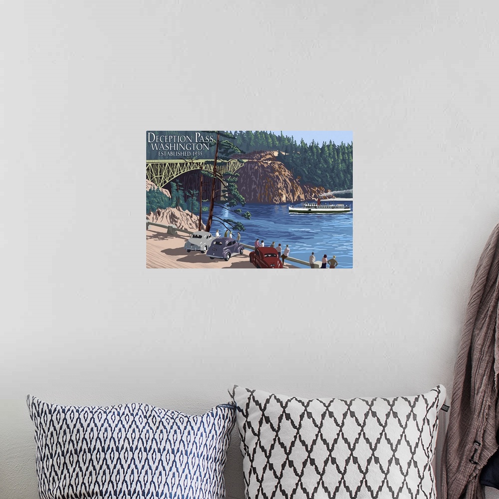 A bohemian room featuring Whidbey Island, Washington - Deception Pass Bridge: Retro Travel Poster