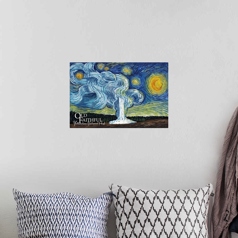 A bohemian room featuring Yellowstone National Park - Old Faithful - Starry Night National Park Series