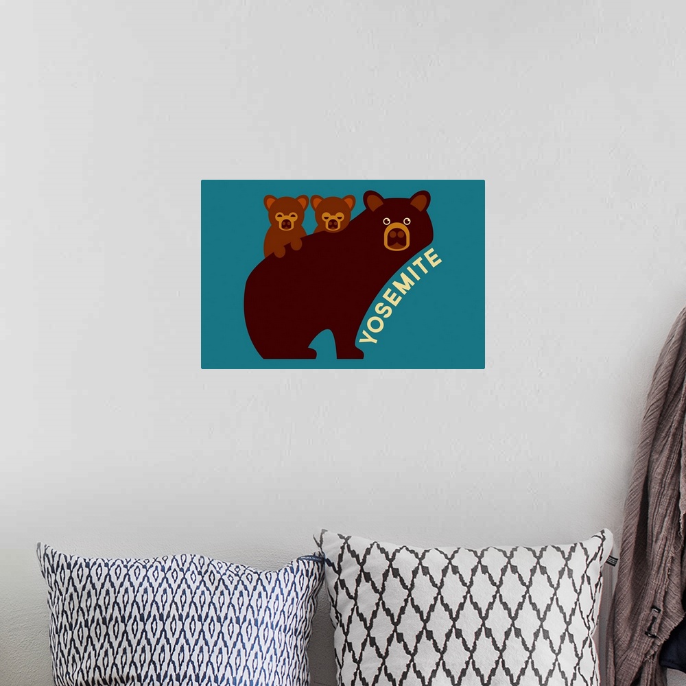 A bohemian room featuring Yosemite National Park, Bear With Cubs: Graphic Travel Poster