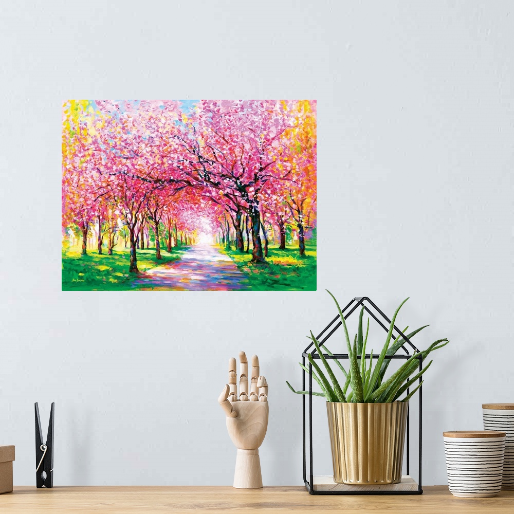 A bohemian room featuring Contemporary painting of an illuminated park path lined with vibrant pink cherry blossom trees. T...