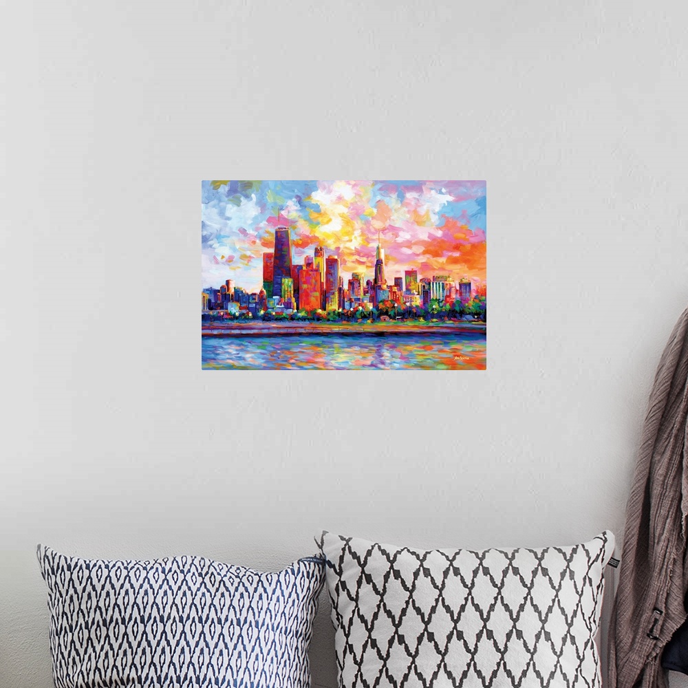 A bohemian room featuring Vibrant and colorful contemporary painting of the Chicago Skyline in the style of modern impressi...