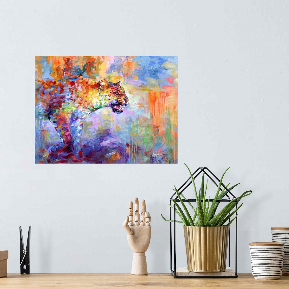 A bohemian room featuring Contemporary painting of a vibrant and colorful leopard.