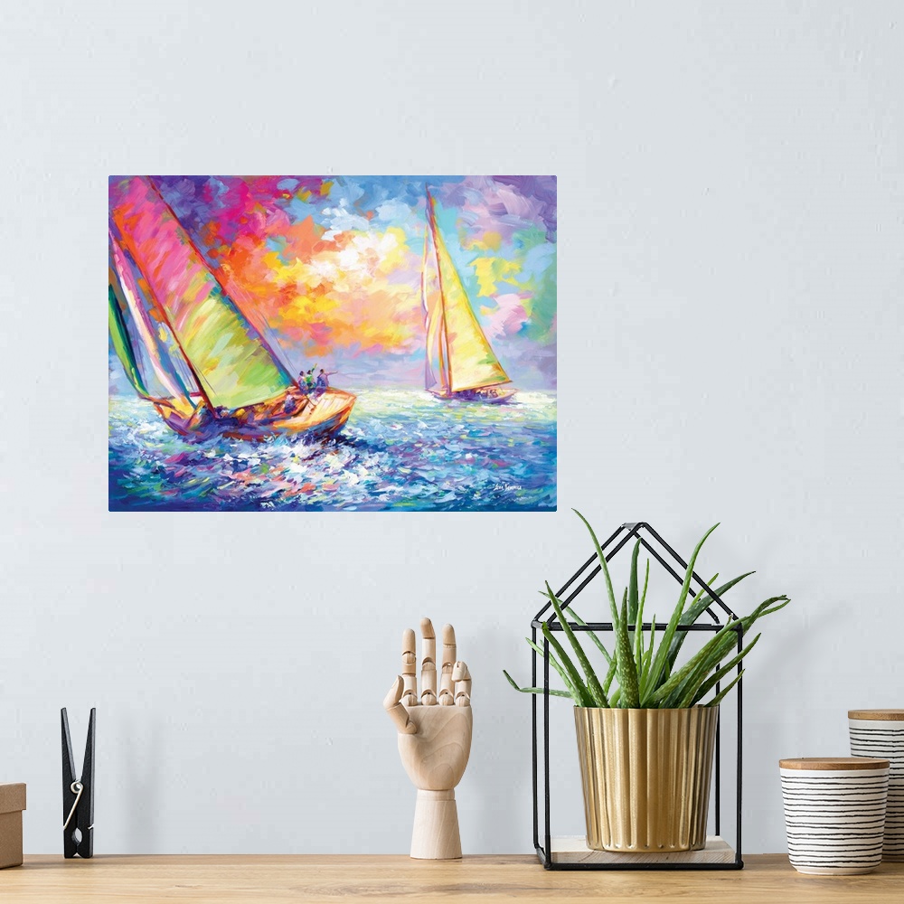 A bohemian room featuring A vibrant and colorful painting of two luxury yachts sailing through the waves at sea in the styl...