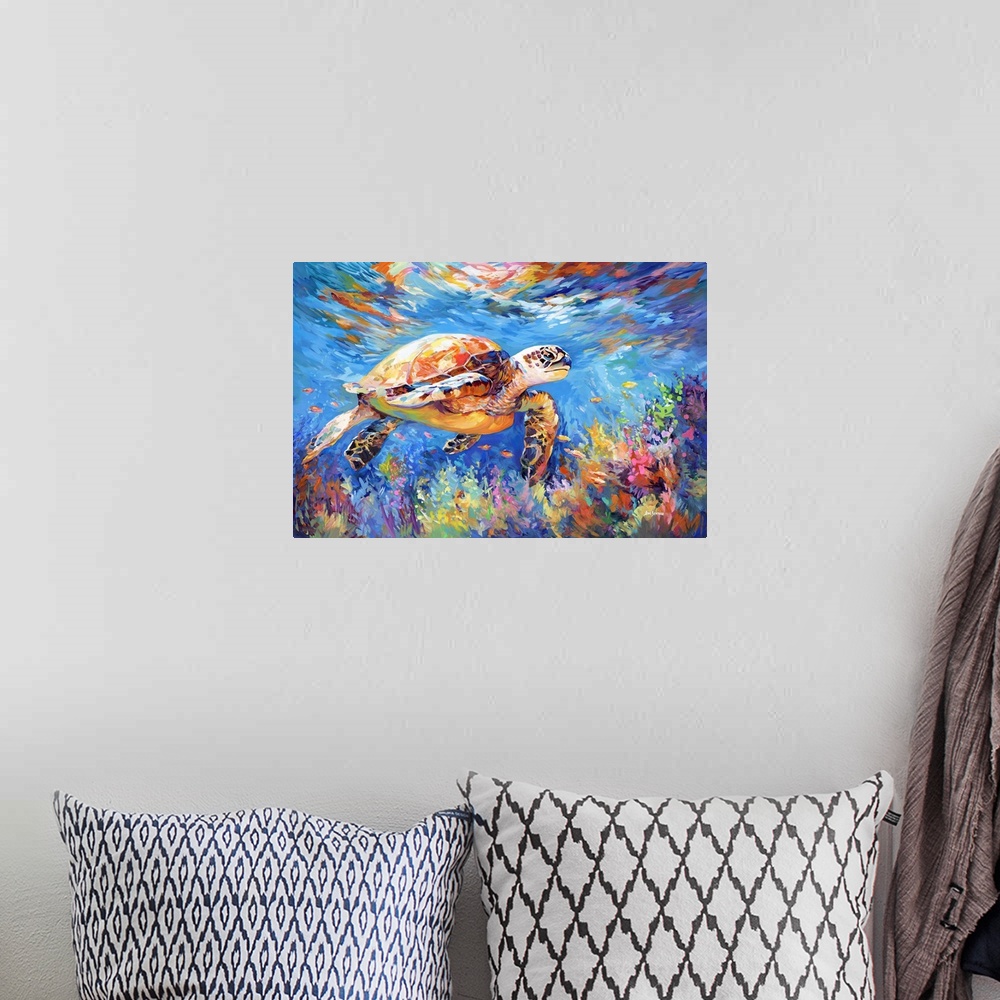 A bohemian room featuring This contemporary artwork captures a sea turtle gliding through the ocean's depths, its form acce...