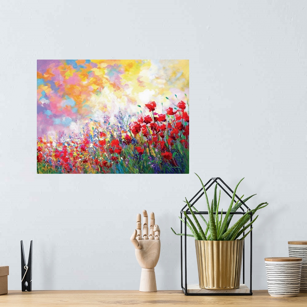 A bohemian room featuring Abstract impressionist painting of poppy flowers and other blooms. The wildflowers of spring are ...