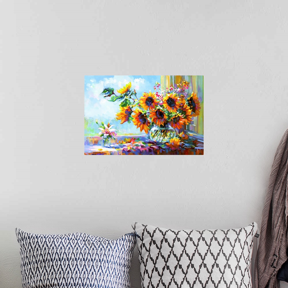 A bohemian room featuring This contemporary still life bursts with the energy of sunflowers in a vase, their fiery petals c...