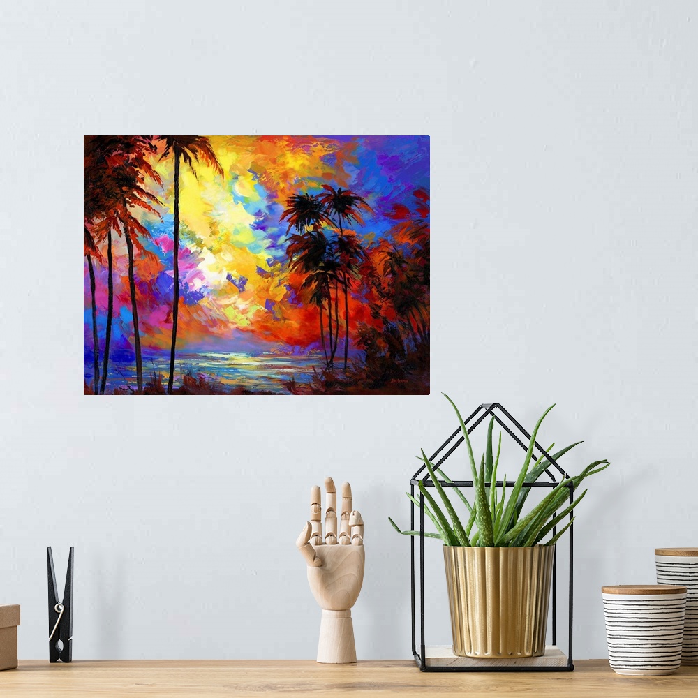 A bohemian room featuring Vibrant and colorful contemporary painting of a sunset beach with tropical palm trees in Maui, Ha...
