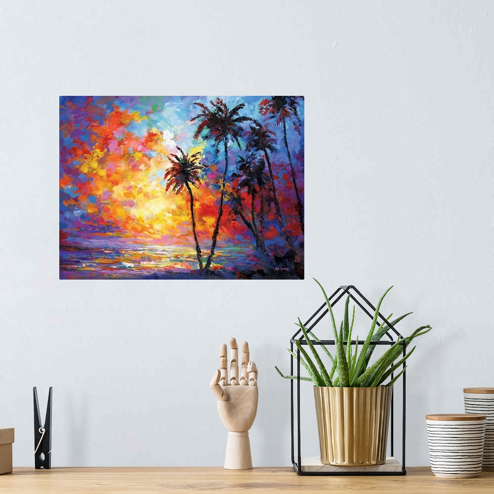 A bohemian room featuring Vibrant and colorful contemporary painting of a sunset beach with tropical palm trees in Waikiki,...