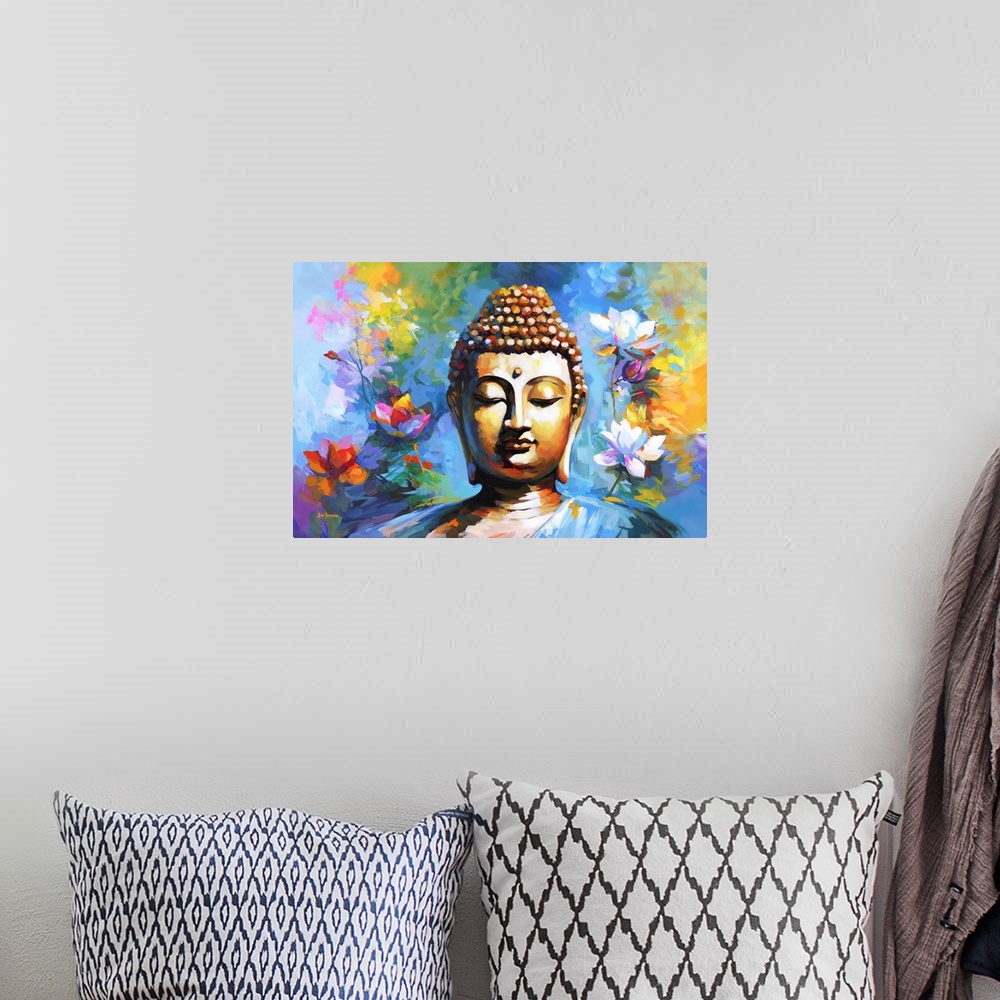 A bohemian room featuring This contemporary artwork captures the serene essence of Buddha, enveloped by the vivid hues of a...