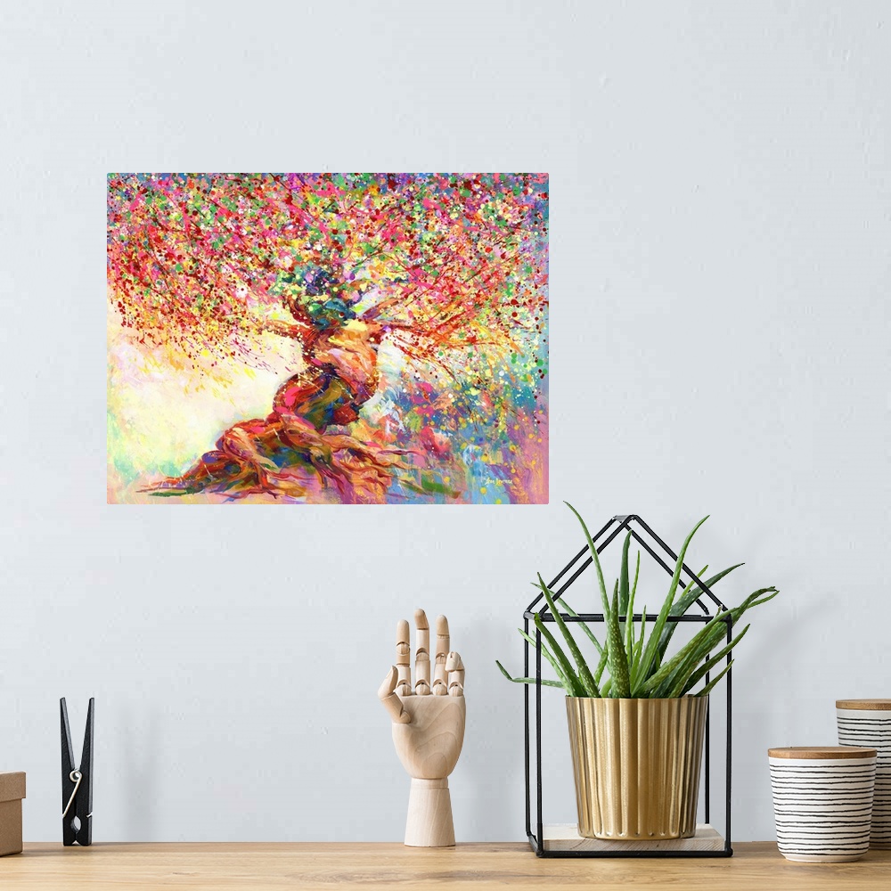 A bohemian room featuring Contemporary painting of a colorful tree.