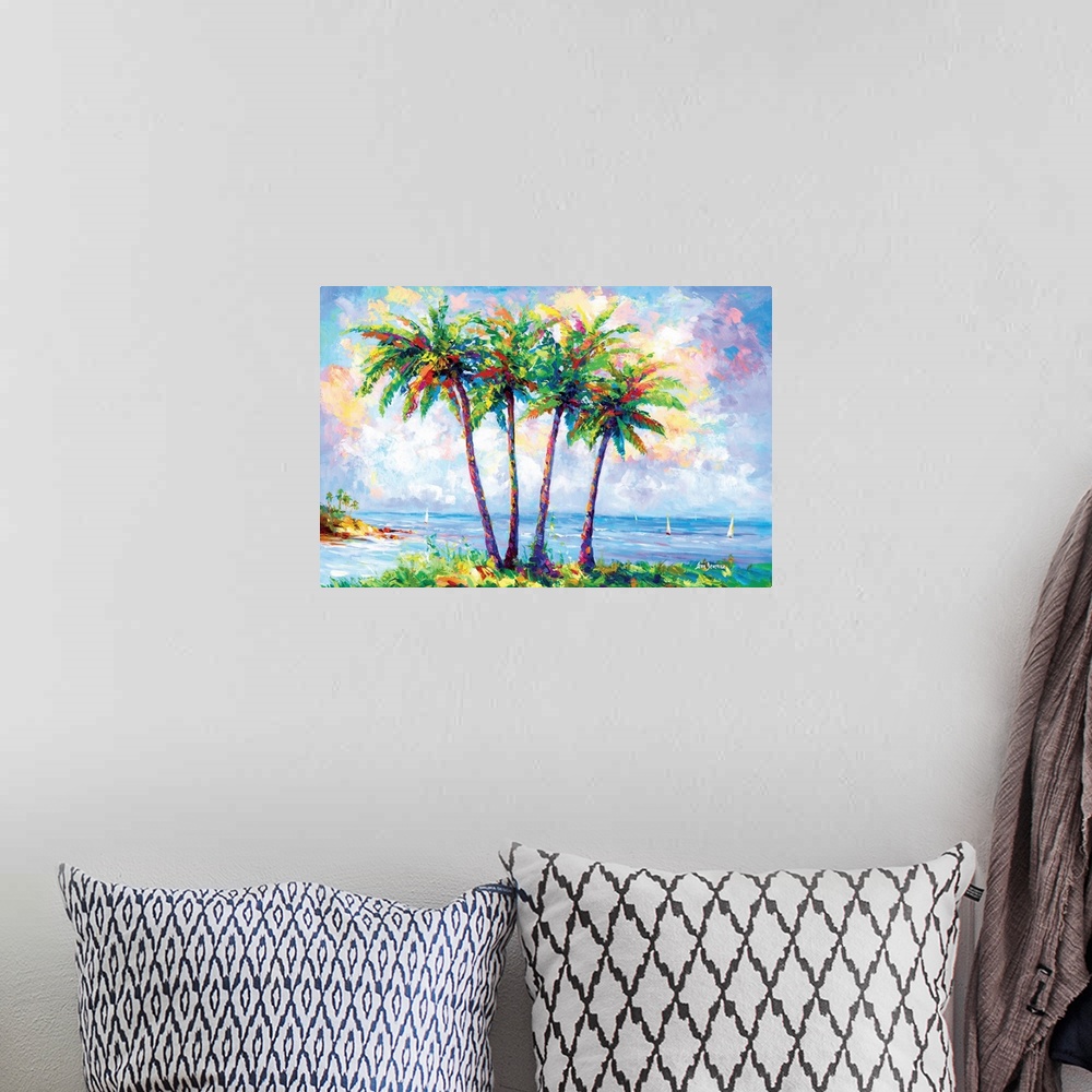 A bohemian room featuring Vibrant and colorful contemporary painting of a tropical beach with palm trees in Oahu, Hawaii.
