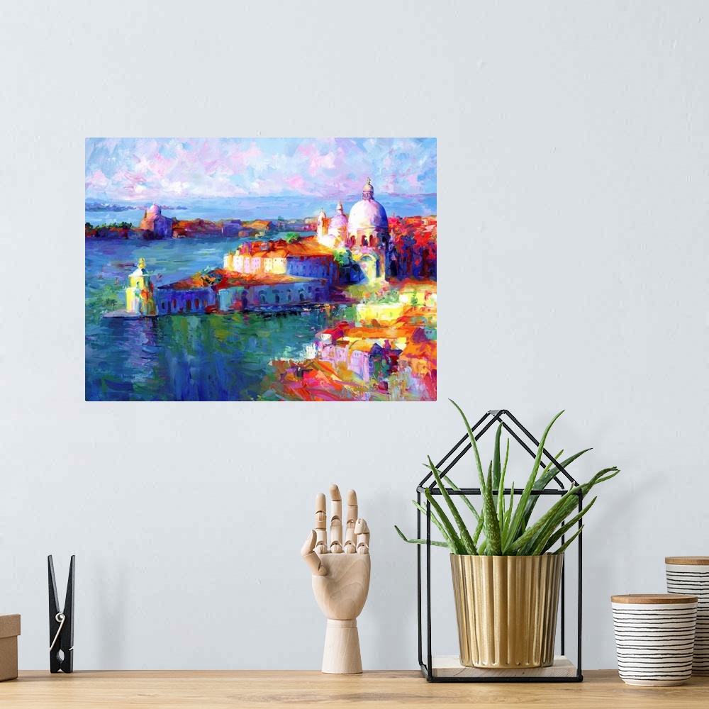 A bohemian room featuring Contemporary painting of Venice, Italy in bright colors.