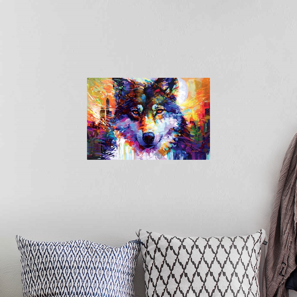 A bohemian room featuring This vibrant portrait captures a wolf's gaze against a cityscape backdrop, merging wild instinct ...