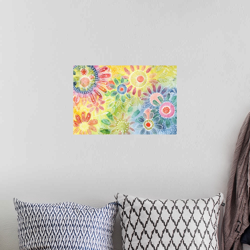 A bohemian room featuring Colorful abstract inspired by flowers. Mixed Media.