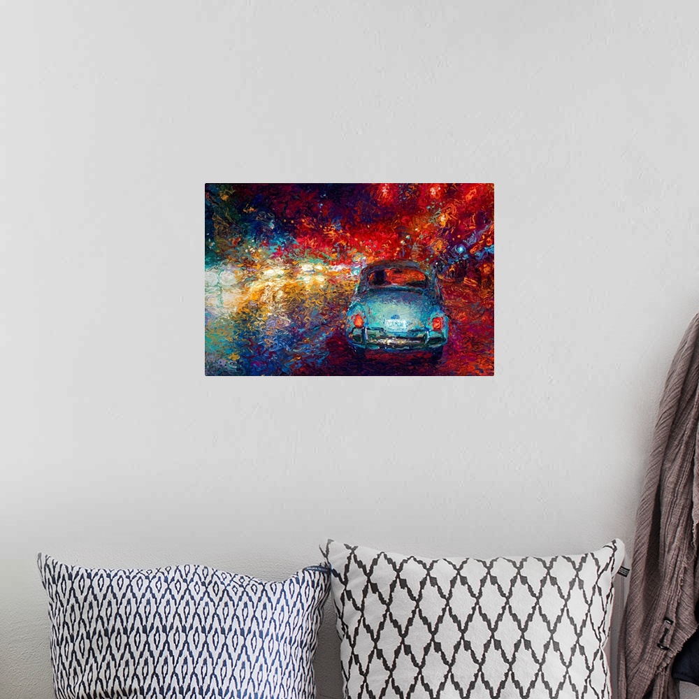 A bohemian room featuring Brightly colored contemporary artwork of a blue car driving at night.