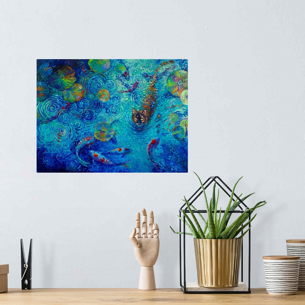 A bohemian room featuring Brightly colored contemporary artwork of a kitty in a koi fish pond.