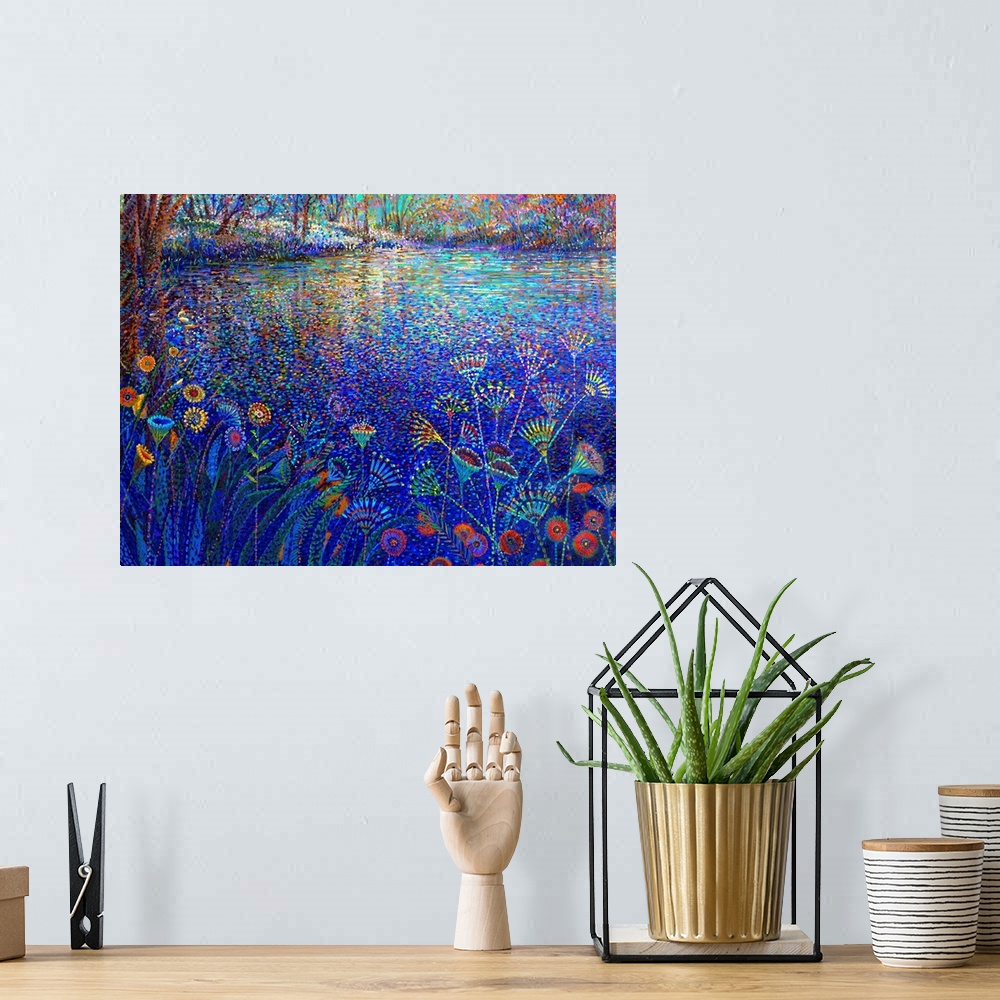 A bohemian room featuring Brightly colored contemporary artwork of flowers alongside a river bank.