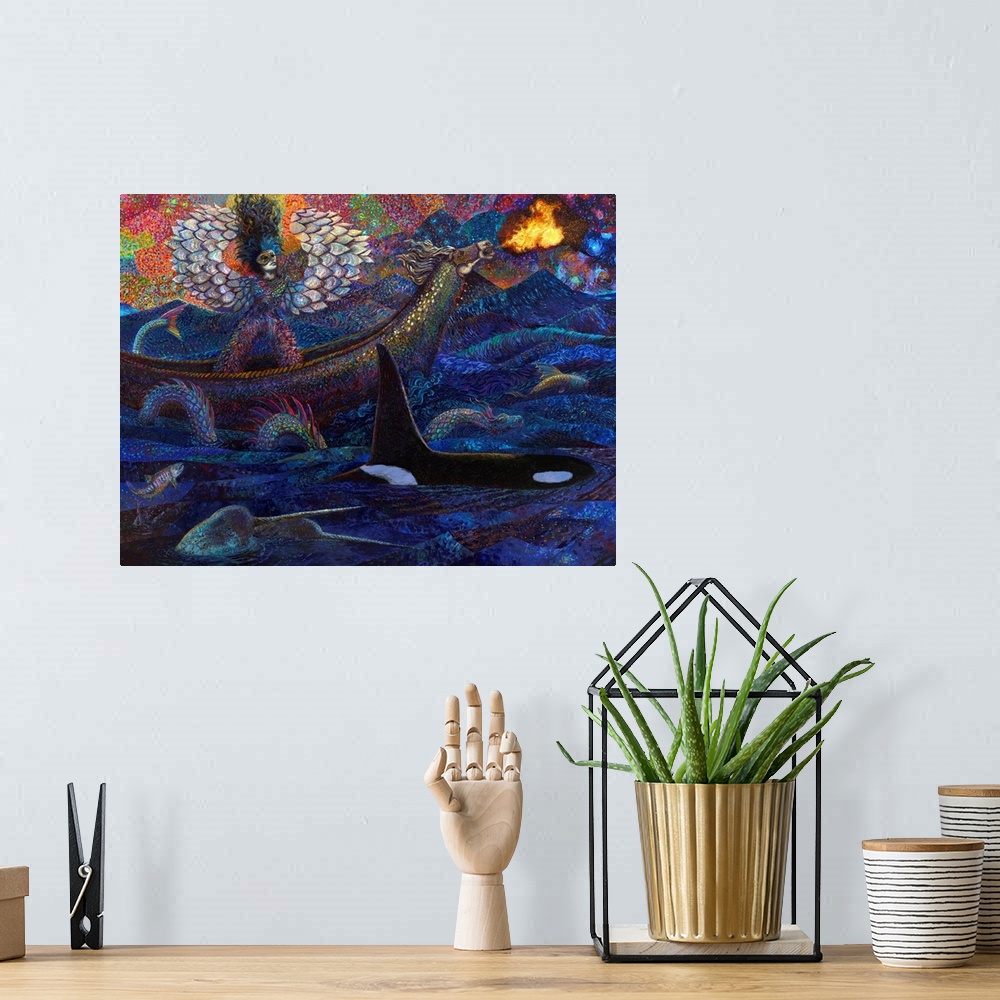 A bohemian room featuring Brightly colored contemporary artwork of a pisces alongside marine animals.