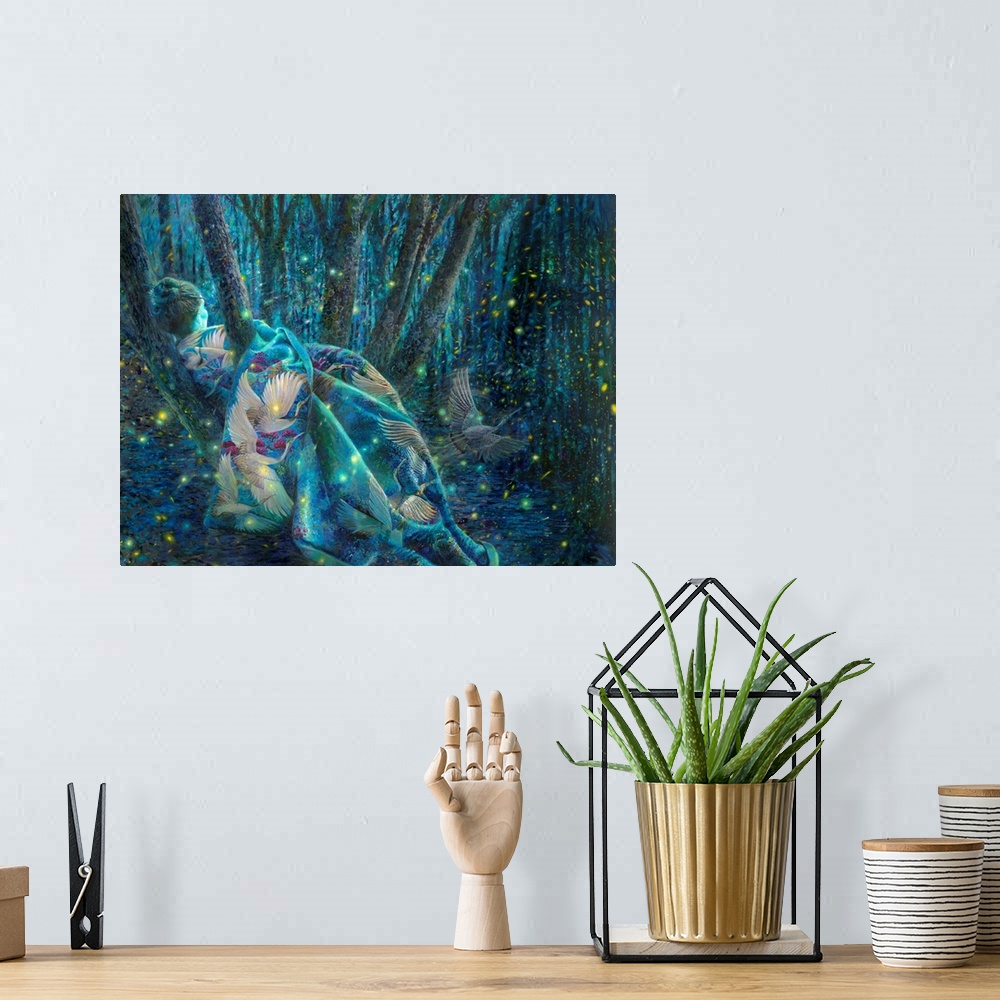 A bohemian room featuring Brightly colored contemporary artwork of a goddess in the forest.
