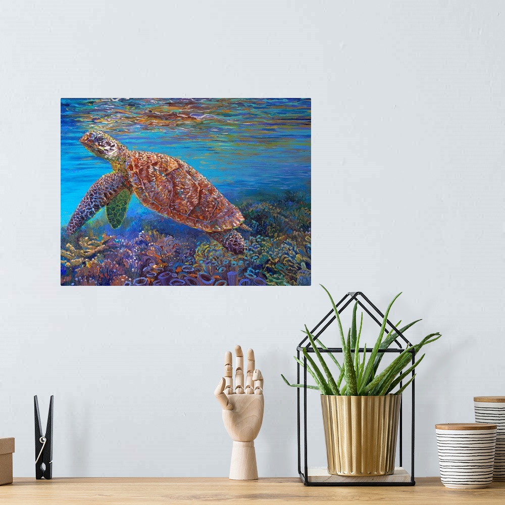 A bohemian room featuring Brightly colored contemporary artwork of a turtle in the ocean with coral.