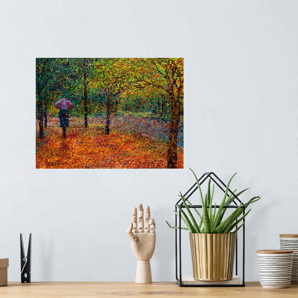 A bohemian room featuring Brightly colored contemporary artwork of a woman taking a walk in the fall.