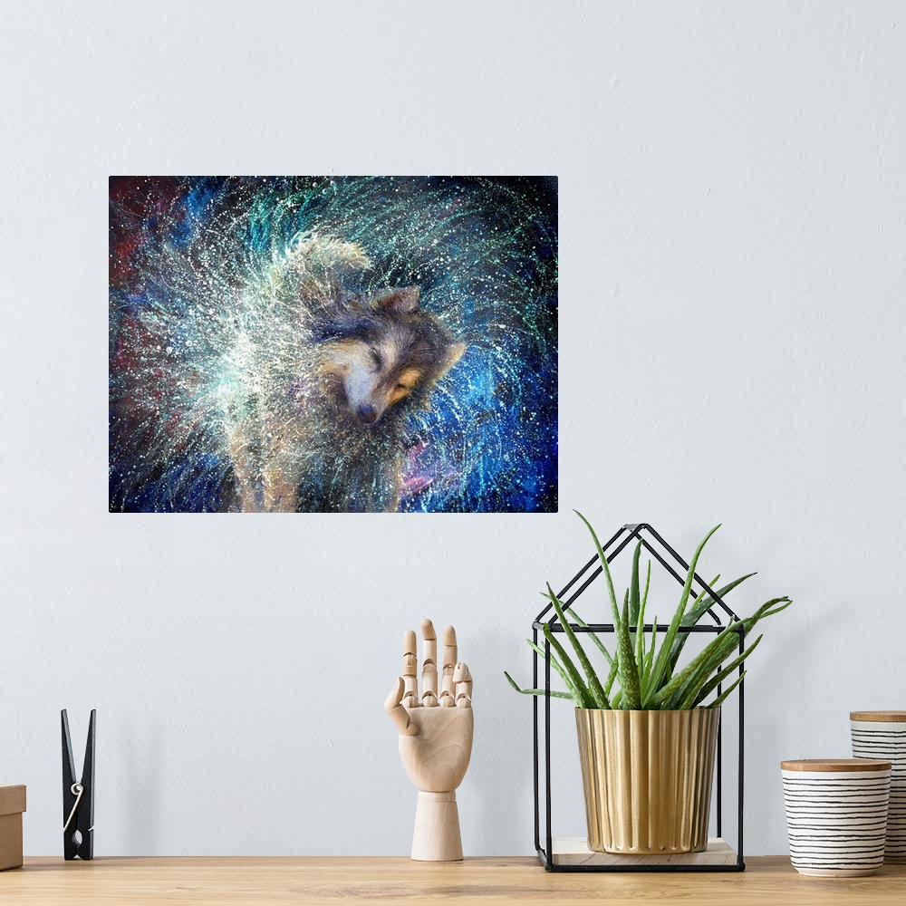 A bohemian room featuring Brightly colored contemporary artwork of a husky shaking off water.
