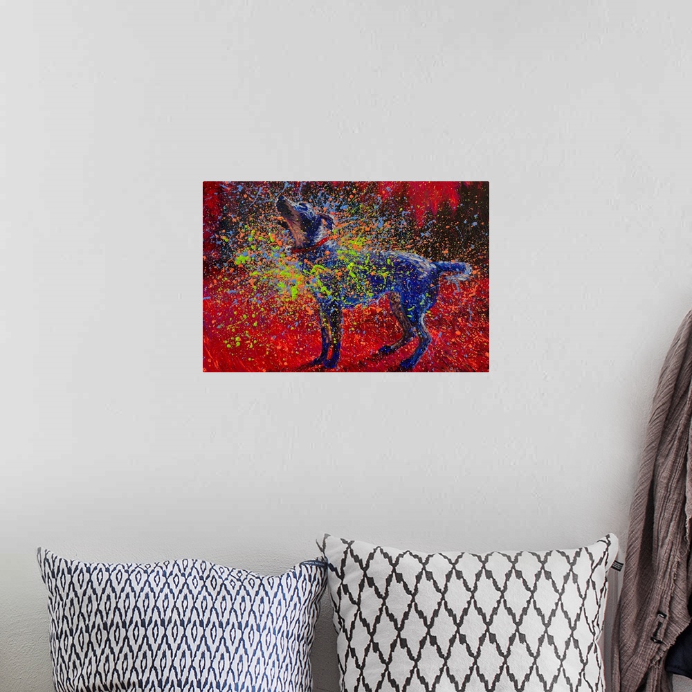 A bohemian room featuring Brightly colored contemporary artwork of a dog shaking off colors.