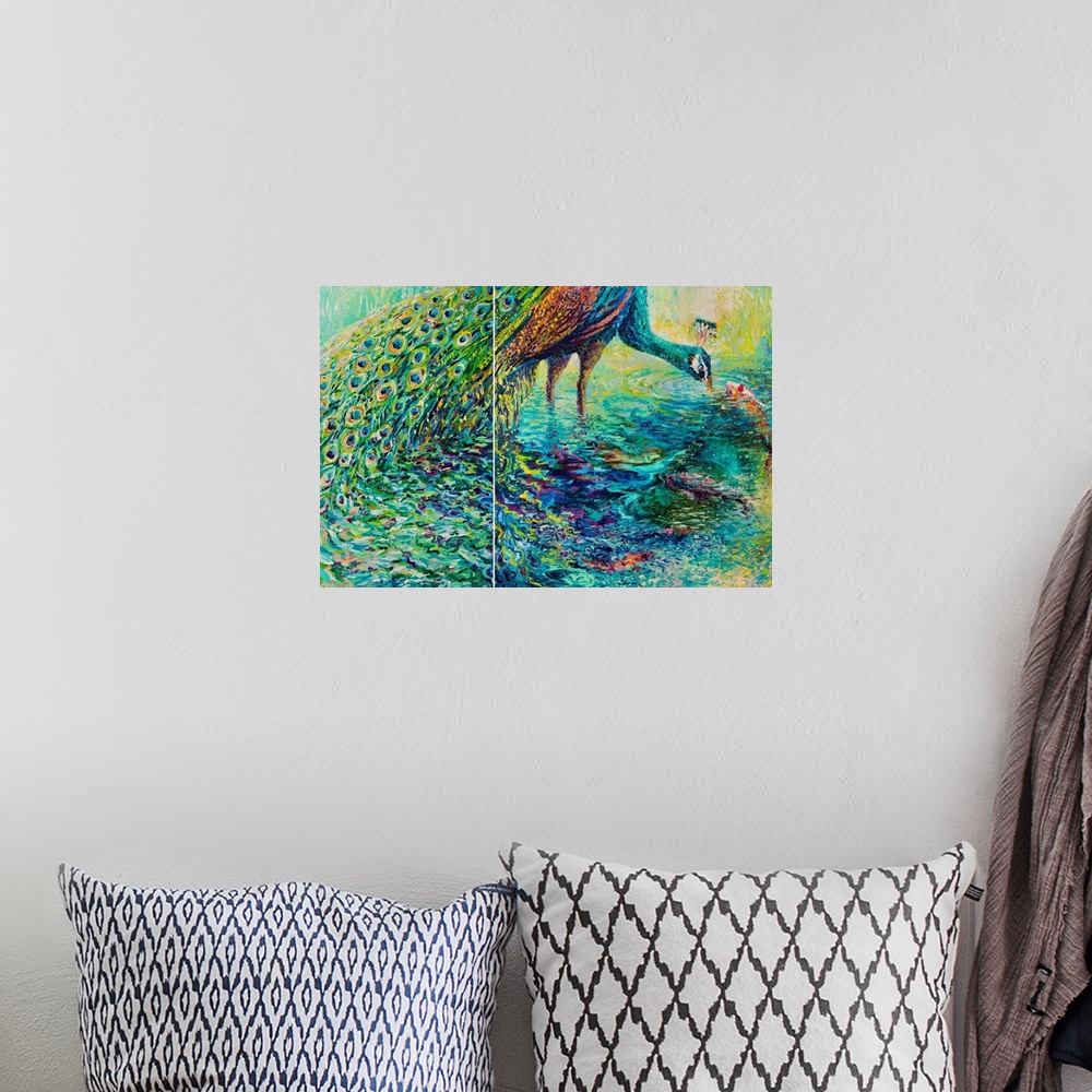A bohemian room featuring Brightly colored contemporary diptych painting of a peacock and fish in a pond.