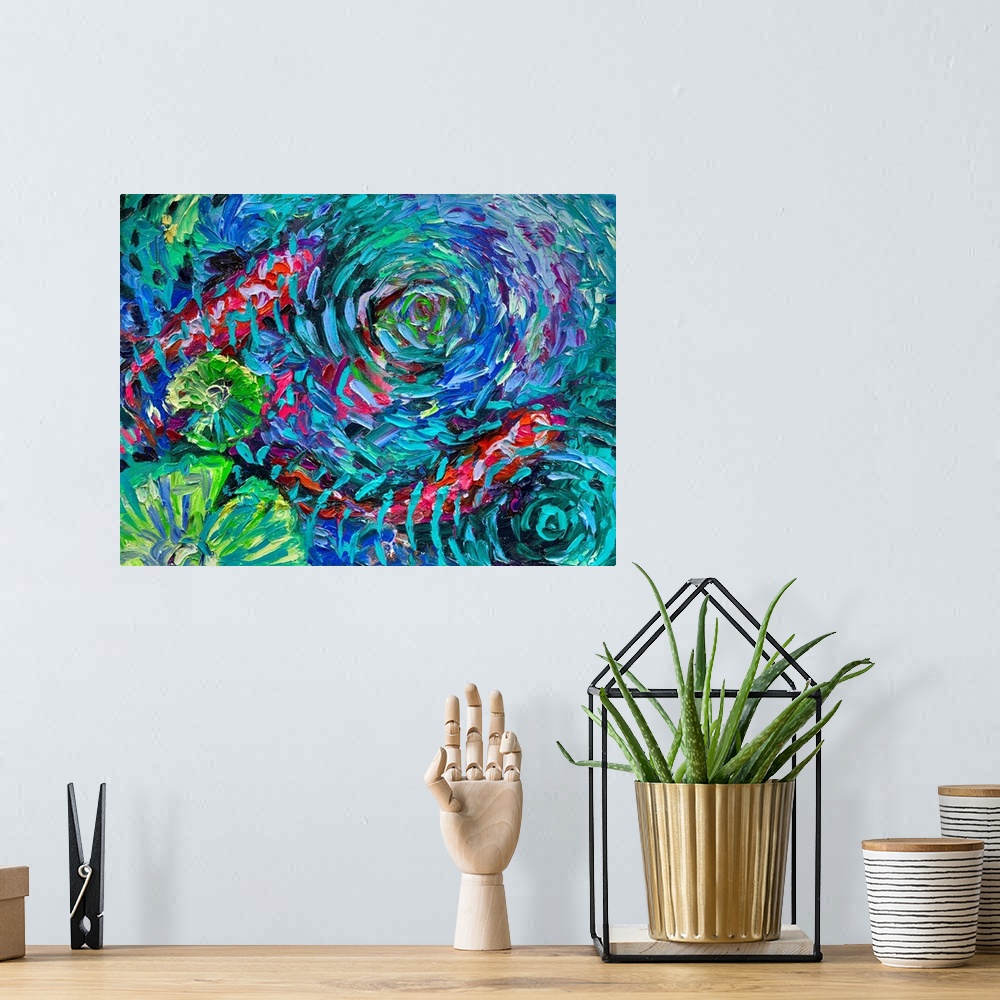 A bohemian room featuring Brightly colored contemporary artwork of a koi fish under rippling water.