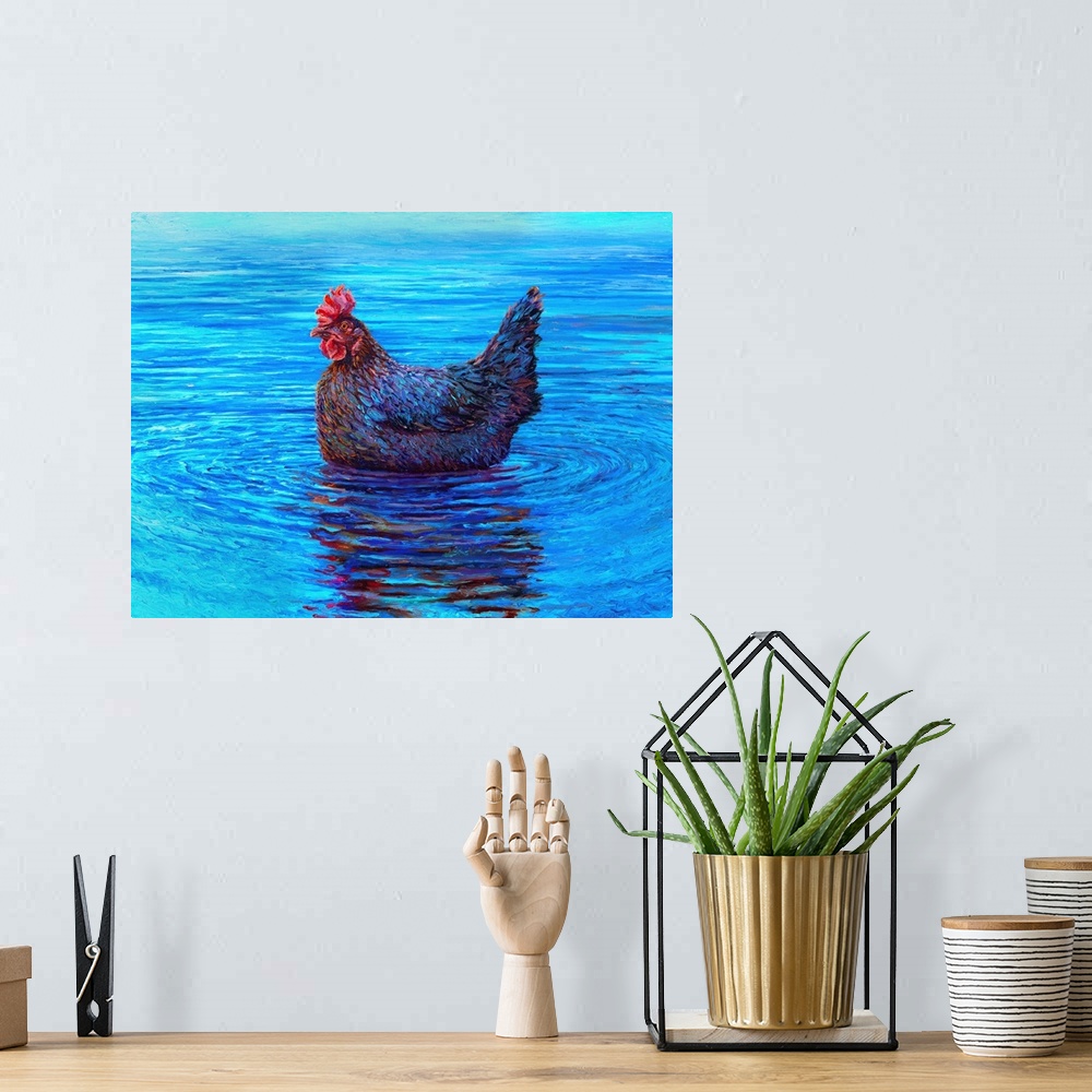 A bohemian room featuring Brightly colored contemporary artwork of a chicken at sea.
