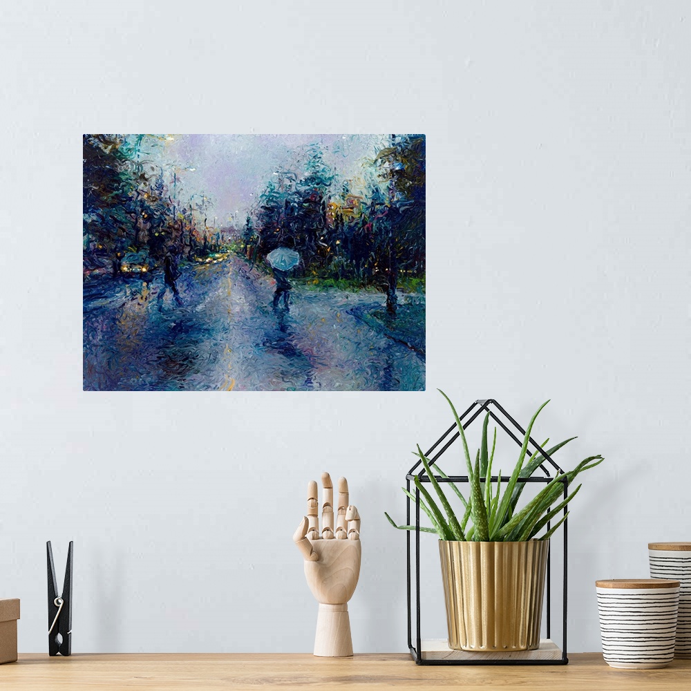 A bohemian room featuring Brightly colored contemporary artwork of people crossing a crosswalk in the rain.