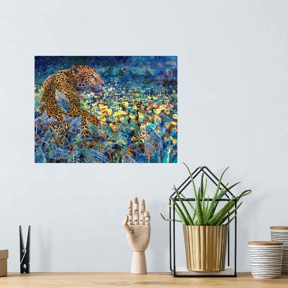 A bohemian room featuring Brightly colored contemporary artwork of a spotted leopard sitting in a forest.
