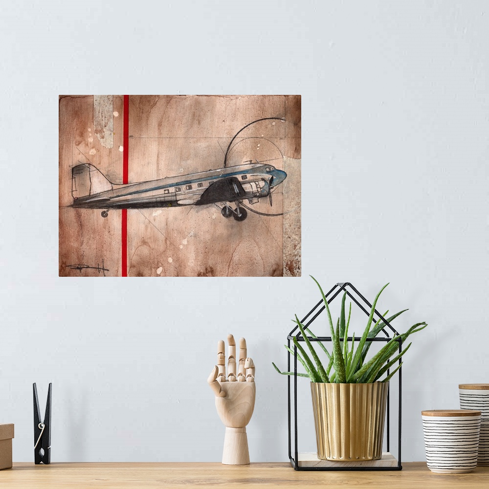 A bohemian room featuring Painting of an airplane on a textured brown background.