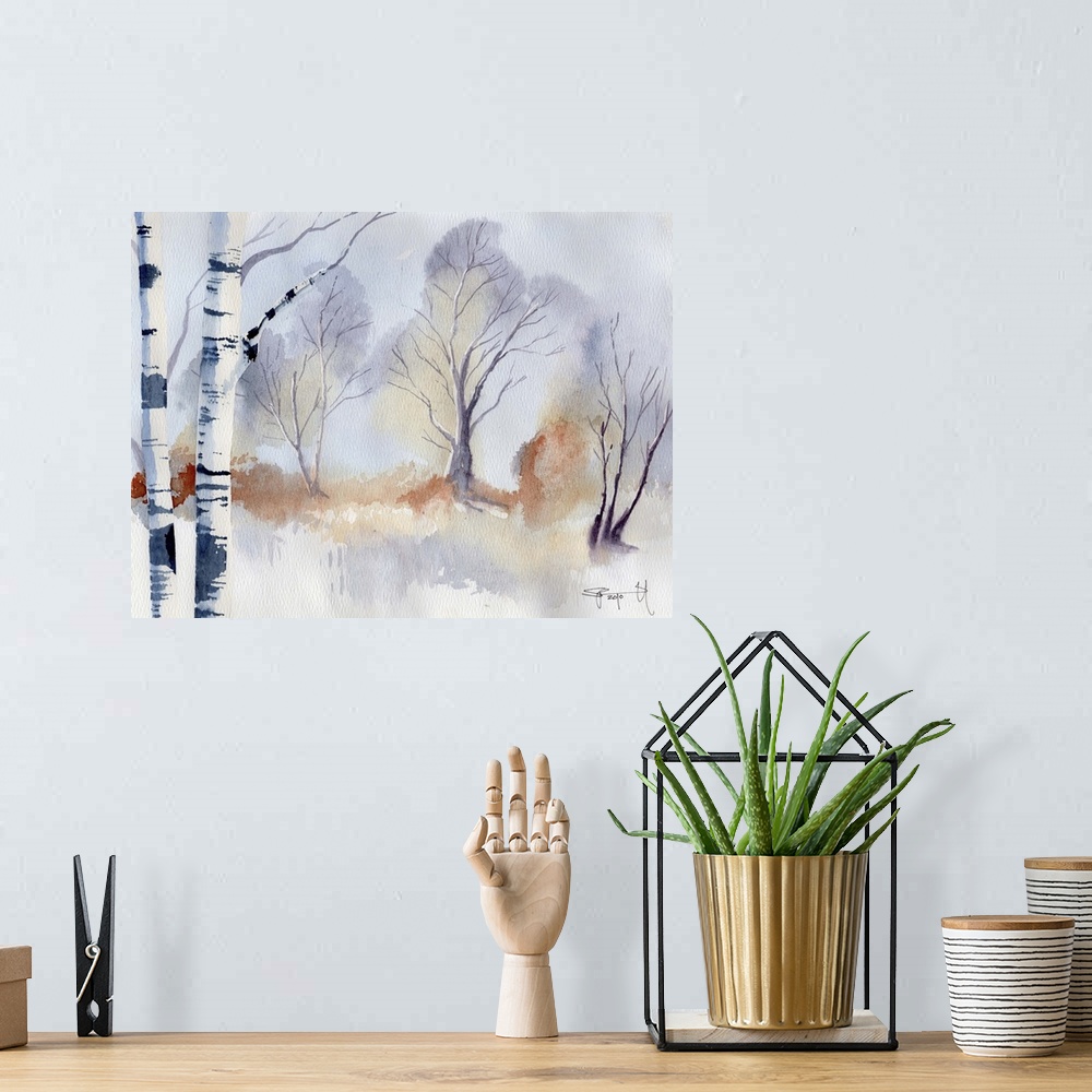 A bohemian room featuring Watercolor painting of a snowy landscape with birch trees.