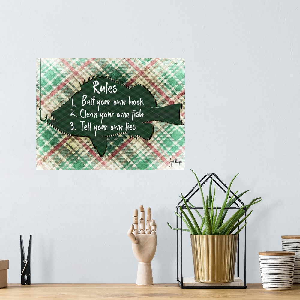 A bohemian room featuring Humorous "rules" for fishing on a fish shape with a plaid background.