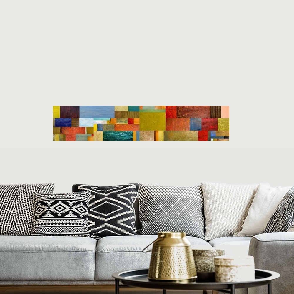 A bohemian room featuring Contemporary colorful abstract artwork.