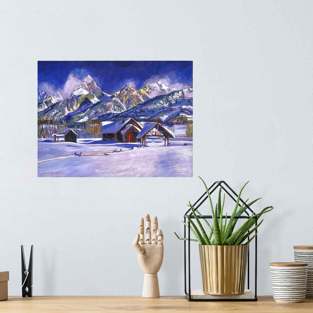 A bohemian room featuring Painting of a cabin near a mountain range in a snowy landscape.