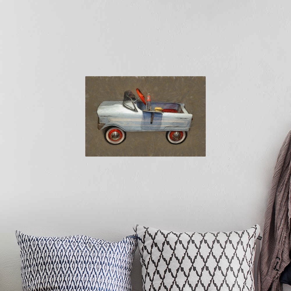A bohemian room featuring Contemporary artwork of a children's pedal car.