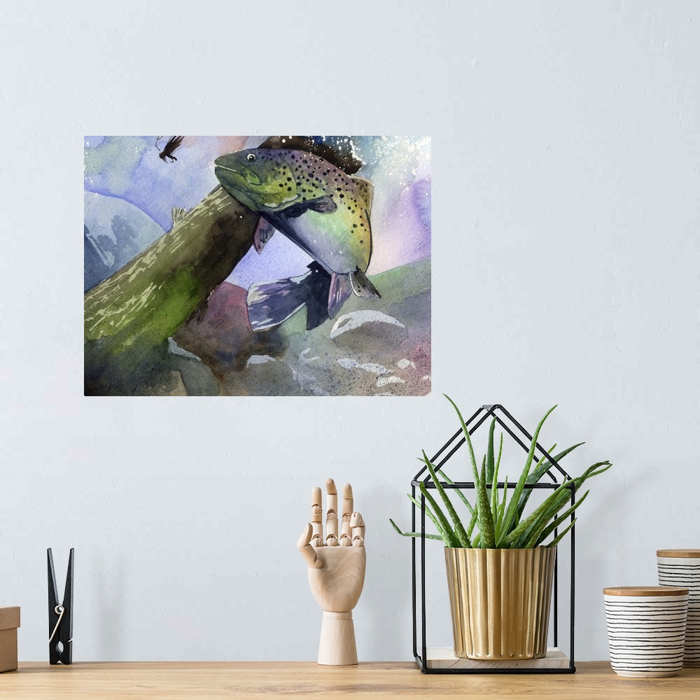 A bohemian room featuring Painting of a rainbow trout underwater trying to catch a lure.