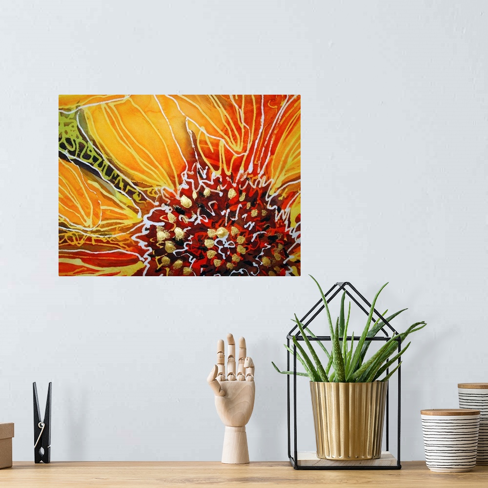 A bohemian room featuring Abstract painting of a sunflower close-up created with warm hues, metallic gold dots, and a batik...