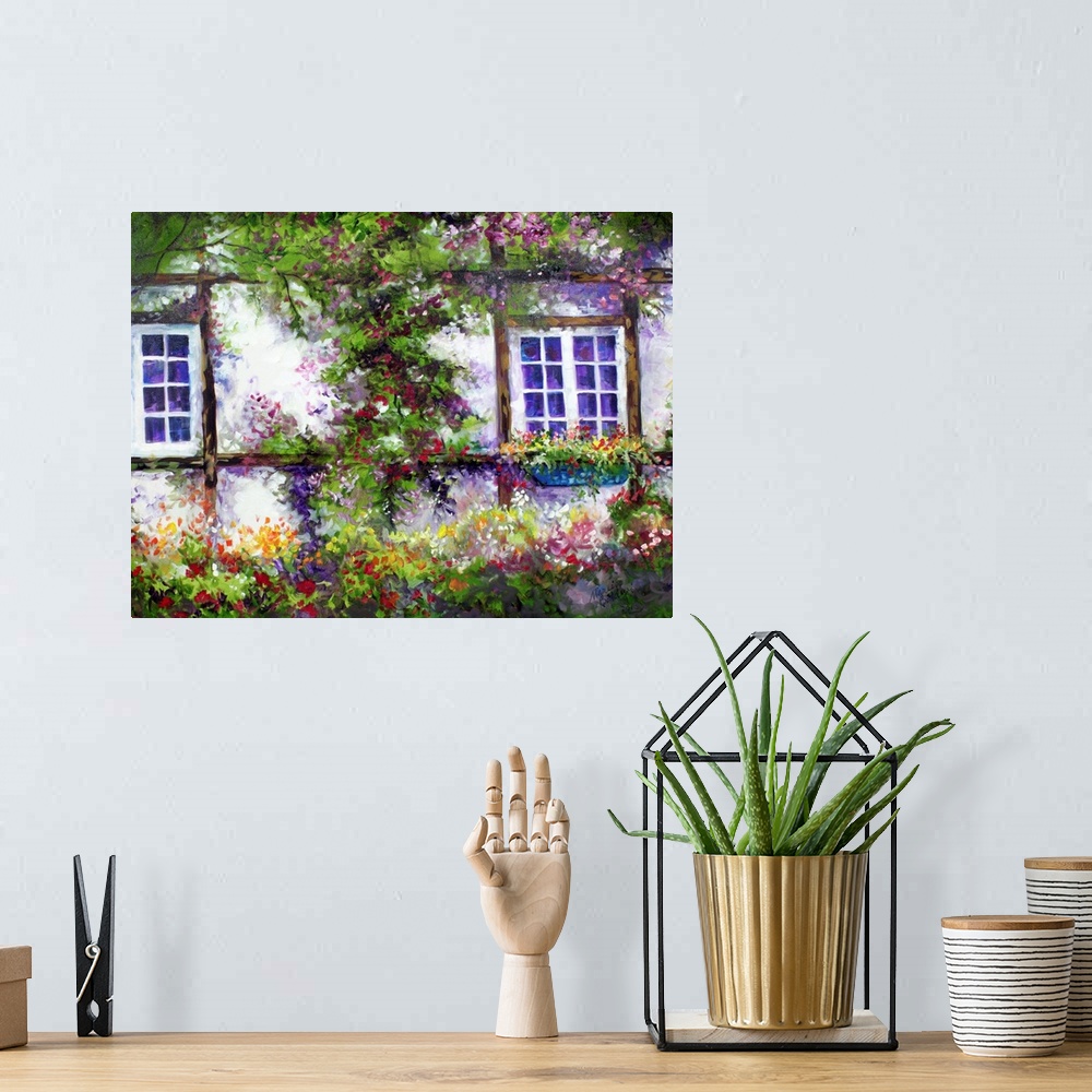 A bohemian room featuring Contemporary painting of an English cottage covered in flowers and greens.