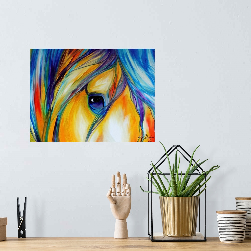 A bohemian room featuring Contemporary painting of a horse close-up with a colorful mane and a bright blue eye.