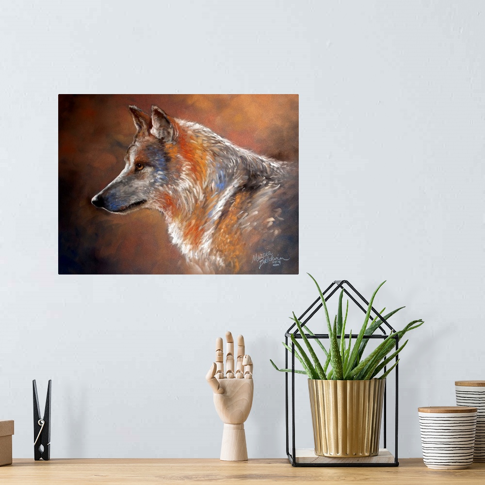 A bohemian room featuring Contemporary painting of a wolf created with short brushstrokes of white, gray, orange, blue, and...